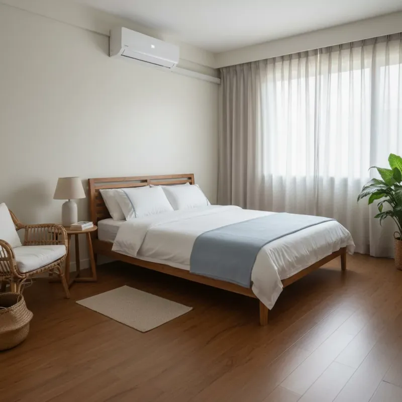 Calm bedroom with a wooden bed, split-type air conditioner and light curtains