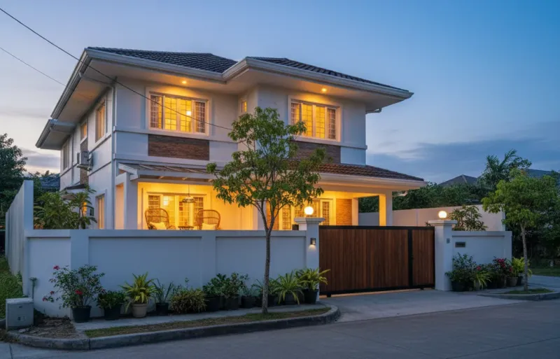 Two-storey family home in a quiet subdivision at dusk, with lights on and a timber gate