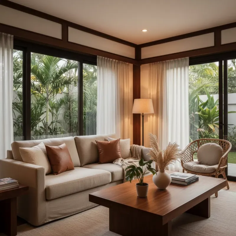 Warm contemporary living room with a linen sofa, rattan chair and floor lamp, looking out to a tropical garden