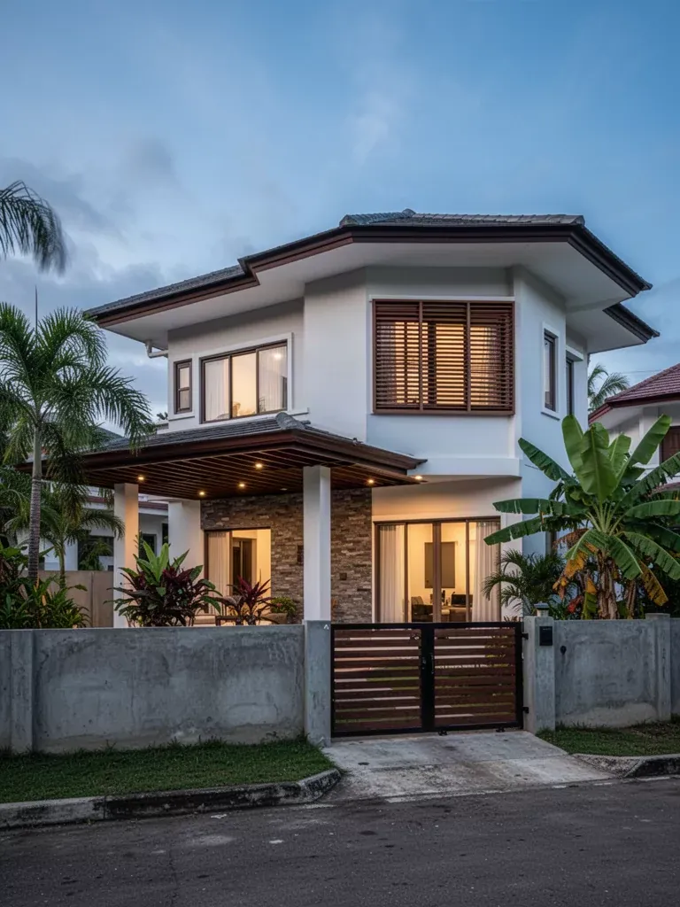 Contemporary two-storey Filipino home at dusk with a covered lanai, stone wall and timber gate